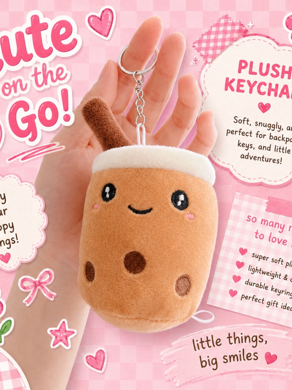 Cute Brown Bubble Tea Plush with Cream Top - Adorable Boba Keychain